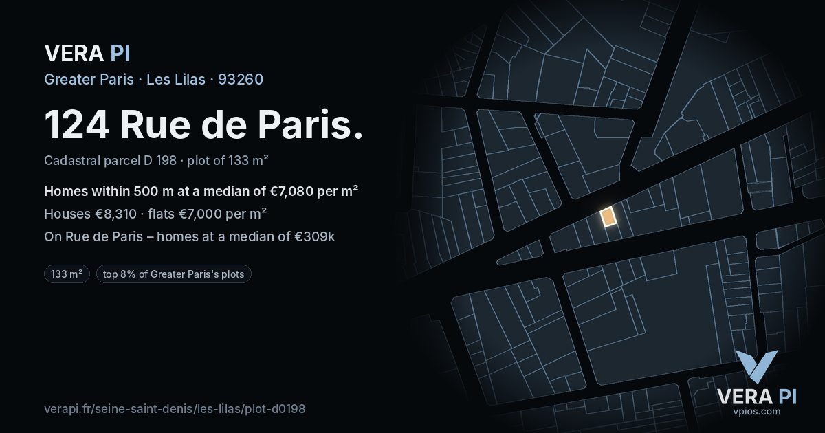 124 Rue de Paris, Les Lilas at night – the plot lit, the parcels around coloured by the prices near them