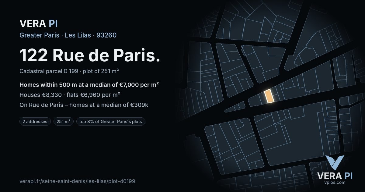 122 Rue de Paris, Les Lilas at night – the plot lit, the parcels around coloured by the prices near them