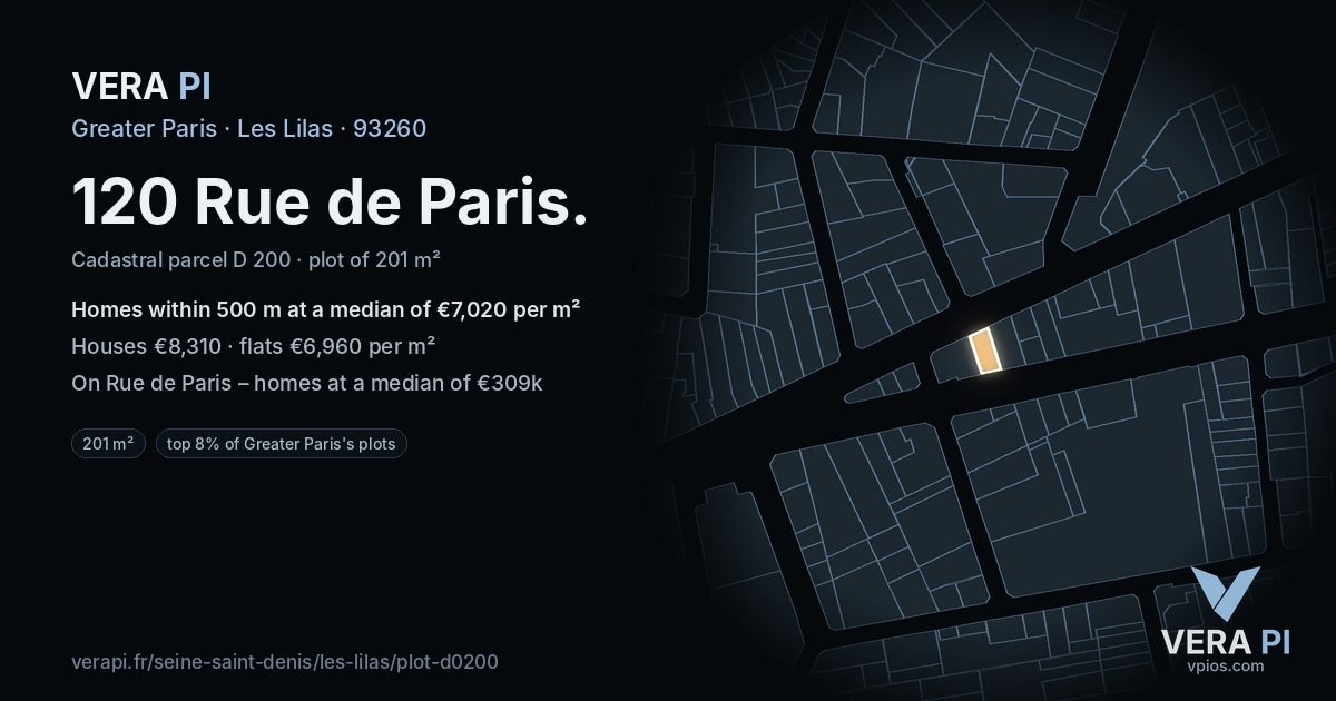 120 Rue de Paris, Les Lilas at night – the plot lit, the parcels around coloured by the prices near them