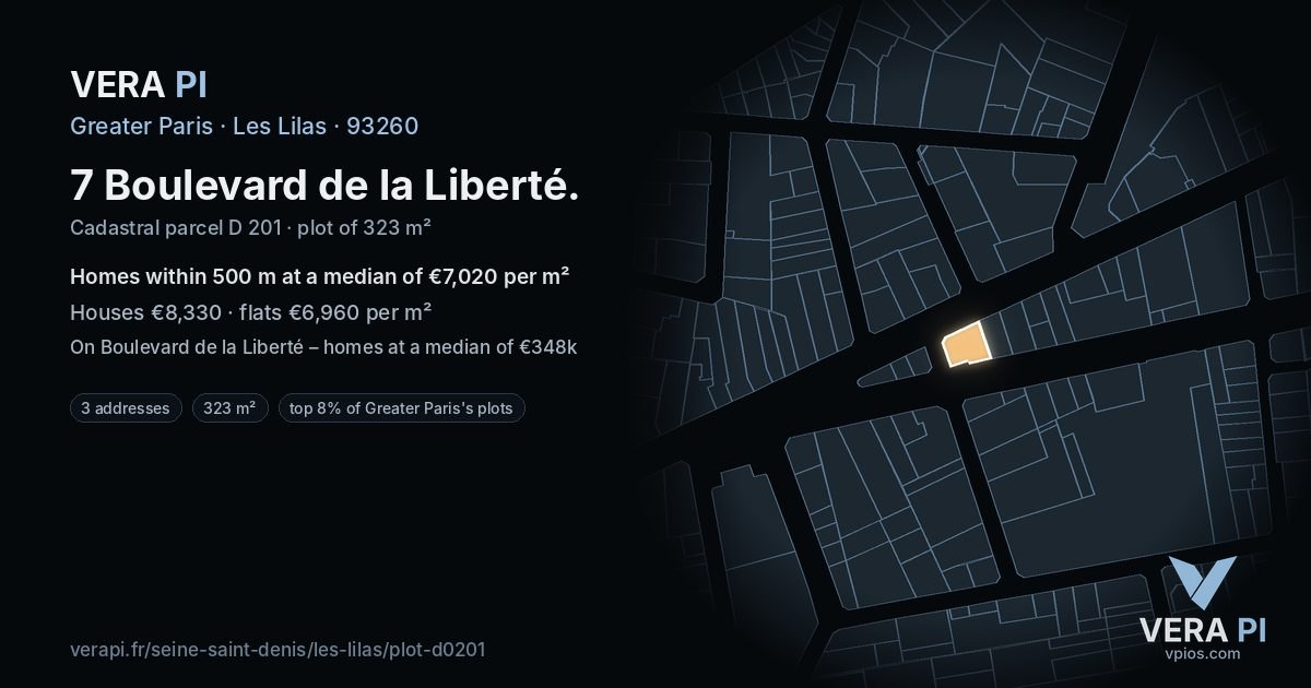 7 Boulevard de la Liberté, Les Lilas at night – the plot lit, the parcels around coloured by the prices near them