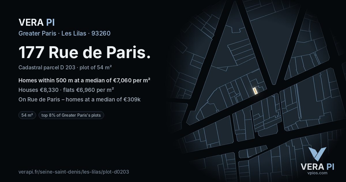 177 Rue de Paris, Les Lilas at night – the plot lit, the parcels around coloured by the prices near them