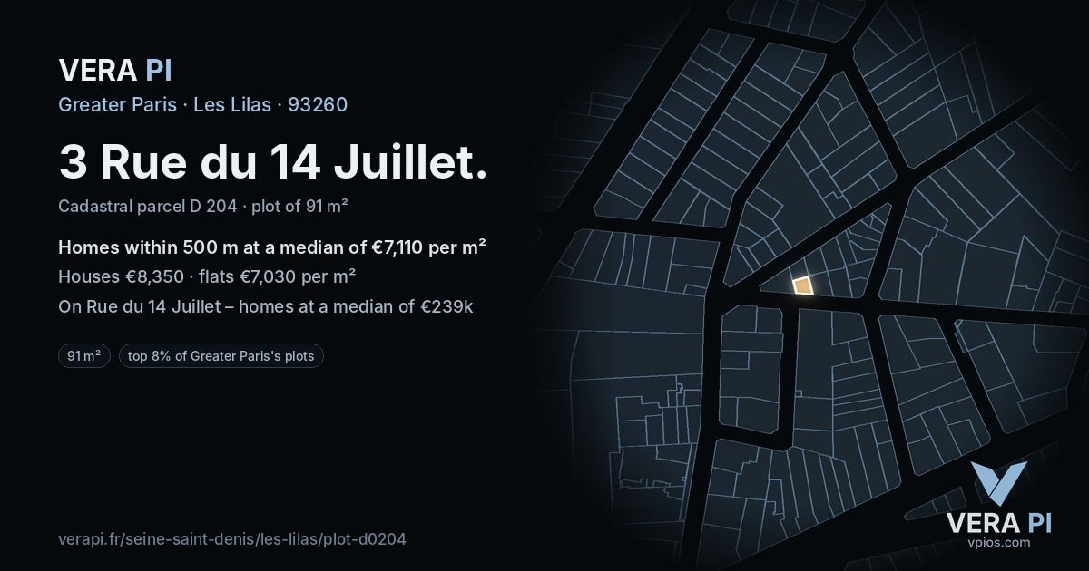 3 Rue du 14 Juillet, Les Lilas at night – the plot lit, the parcels around coloured by the prices near them