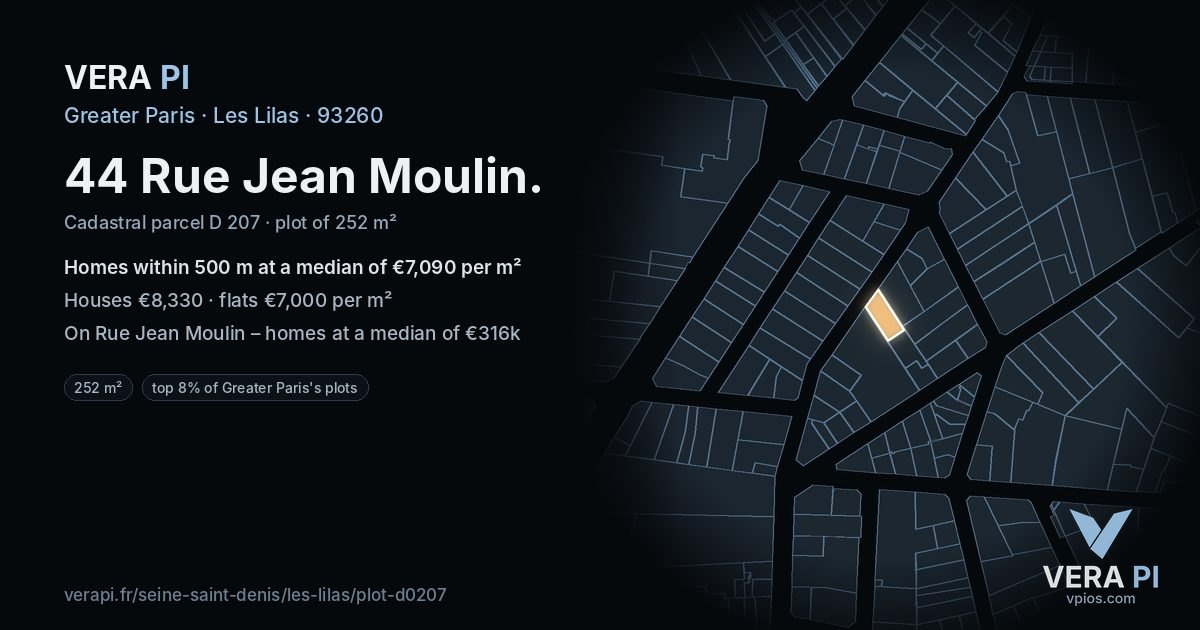 44 Rue Jean Moulin, Les Lilas at night – the plot lit, the parcels around coloured by the prices near them