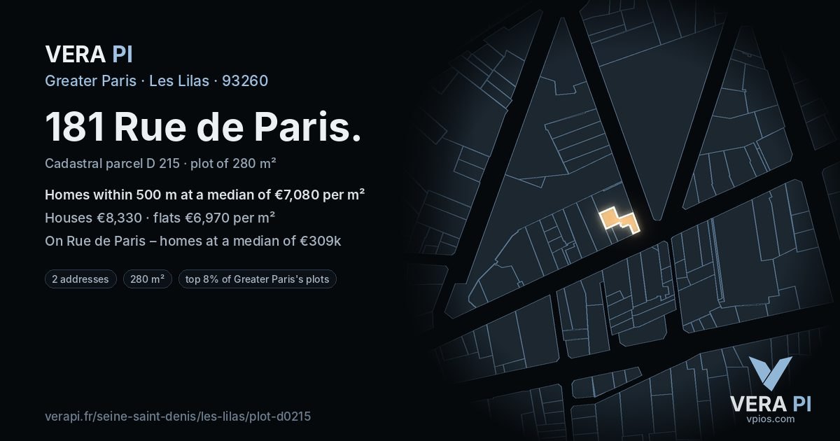 181 Rue de Paris, Les Lilas at night – the plot lit, the parcels around coloured by the prices near them