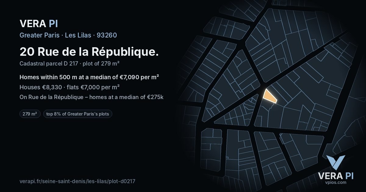 20 Rue de la République, Les Lilas at night – the plot lit, the parcels around coloured by the prices near them