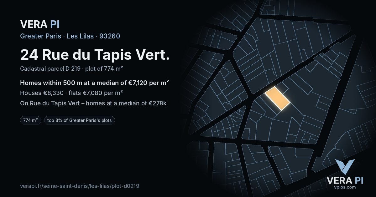 24 Rue du Tapis Vert, Les Lilas at night – the plot lit, the parcels around coloured by the prices near them