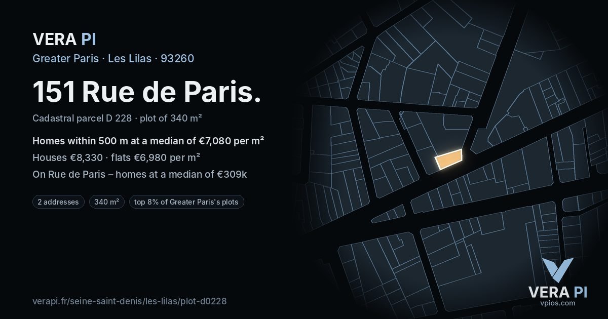 151 Rue de Paris, Les Lilas at night – the plot lit, the parcels around coloured by the prices near them