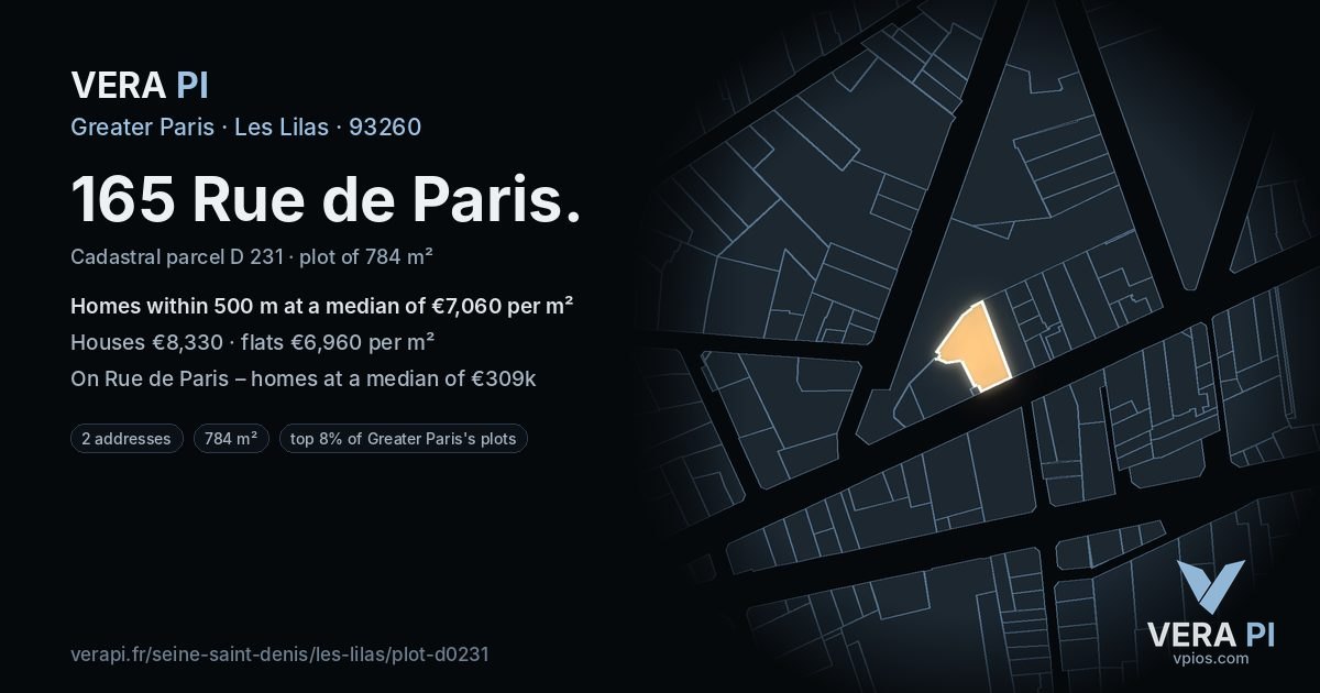165 Rue de Paris, Les Lilas at night – the plot lit, the parcels around coloured by the prices near them