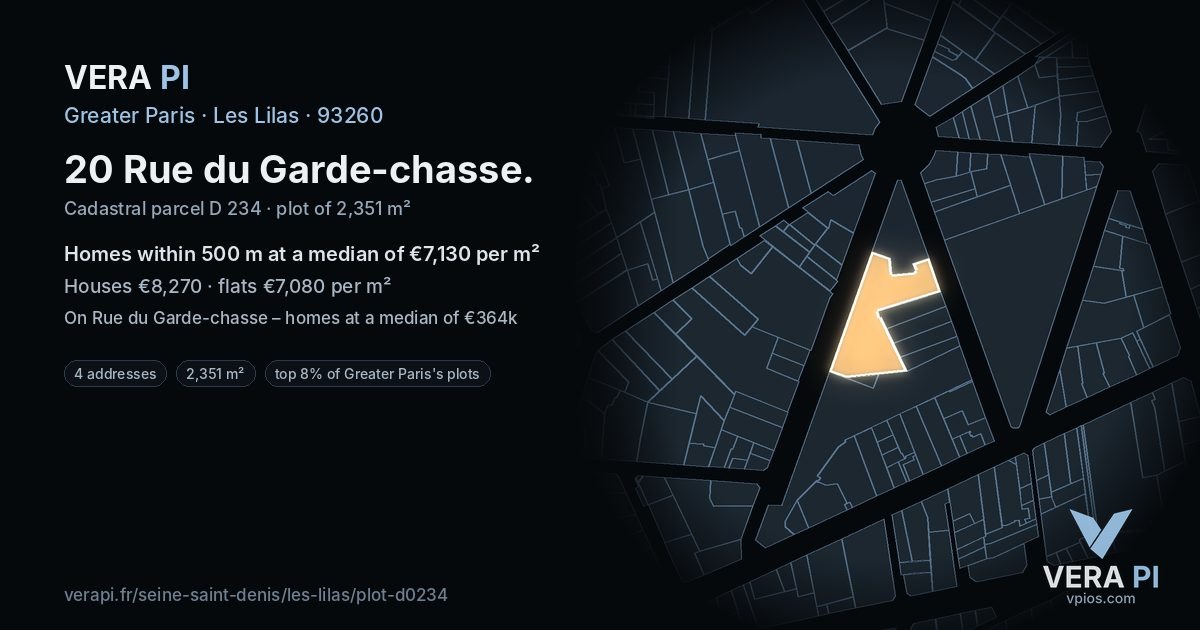 20 Rue du Garde-chasse, Les Lilas at night – the plot lit, the parcels around coloured by the prices near them