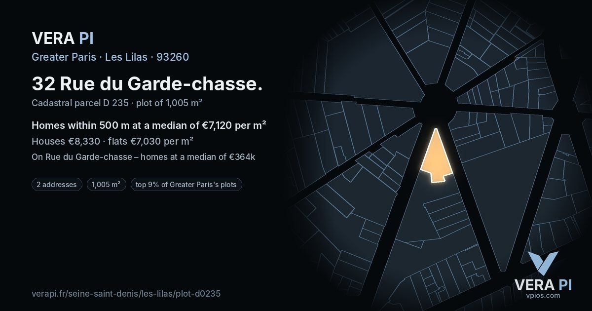 32 Rue du Garde-chasse, Les Lilas at night – the plot lit, the parcels around coloured by the prices near them