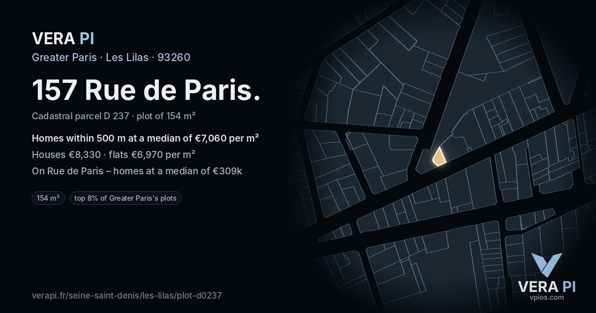 157 Rue de Paris, Les Lilas at night – the plot lit, the parcels around coloured by the prices near them