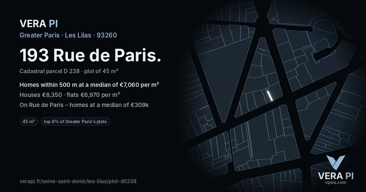 193 Rue de Paris, Les Lilas at night – the plot lit, the parcels around coloured by the prices near them