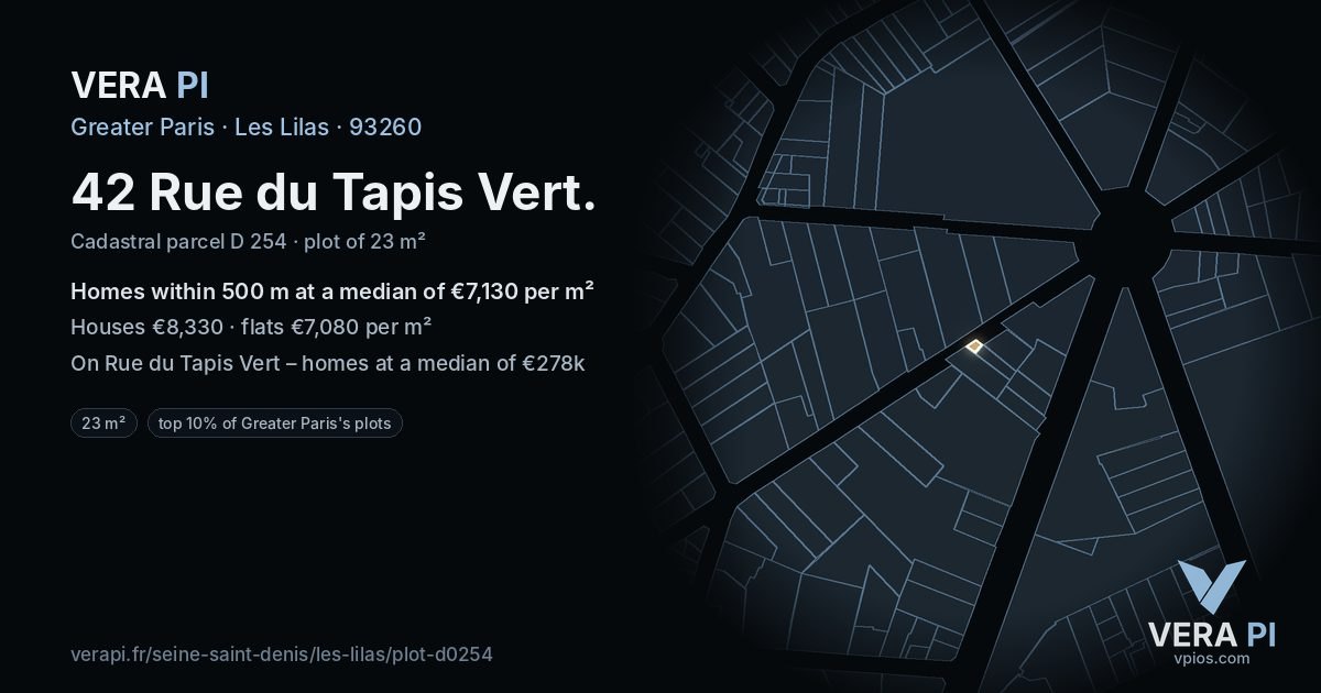 42 Rue du Tapis Vert, Les Lilas at night – the plot lit, the parcels around coloured by the prices near them