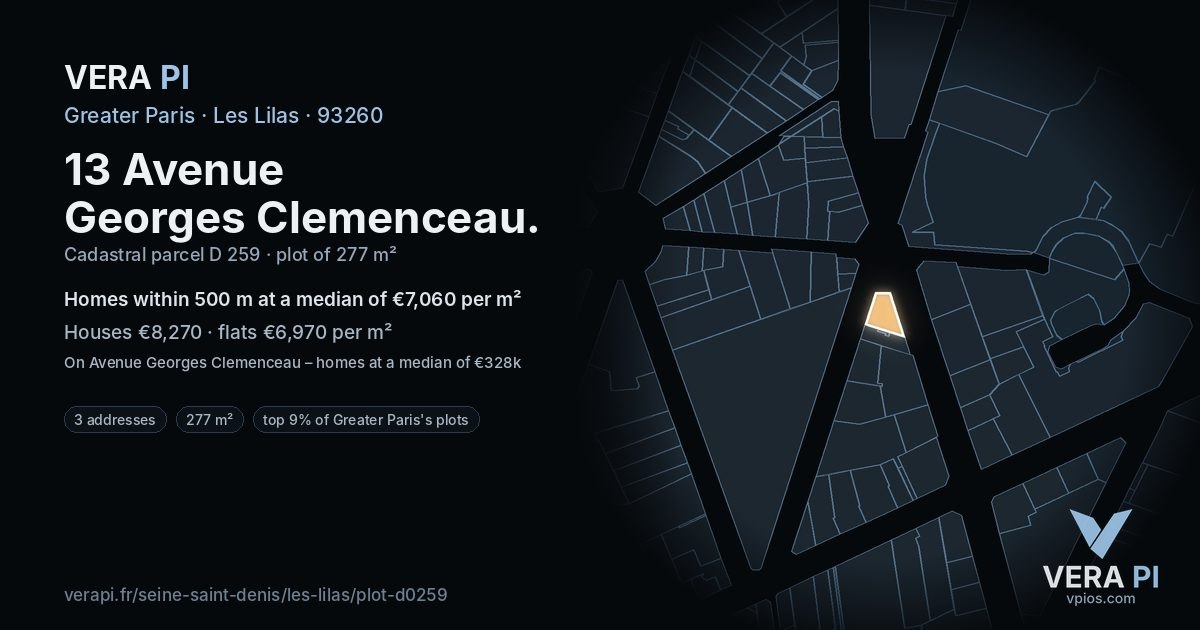 13 Avenue Georges Clemenceau, Les Lilas at night – the plot lit, the parcels around coloured by the prices near them