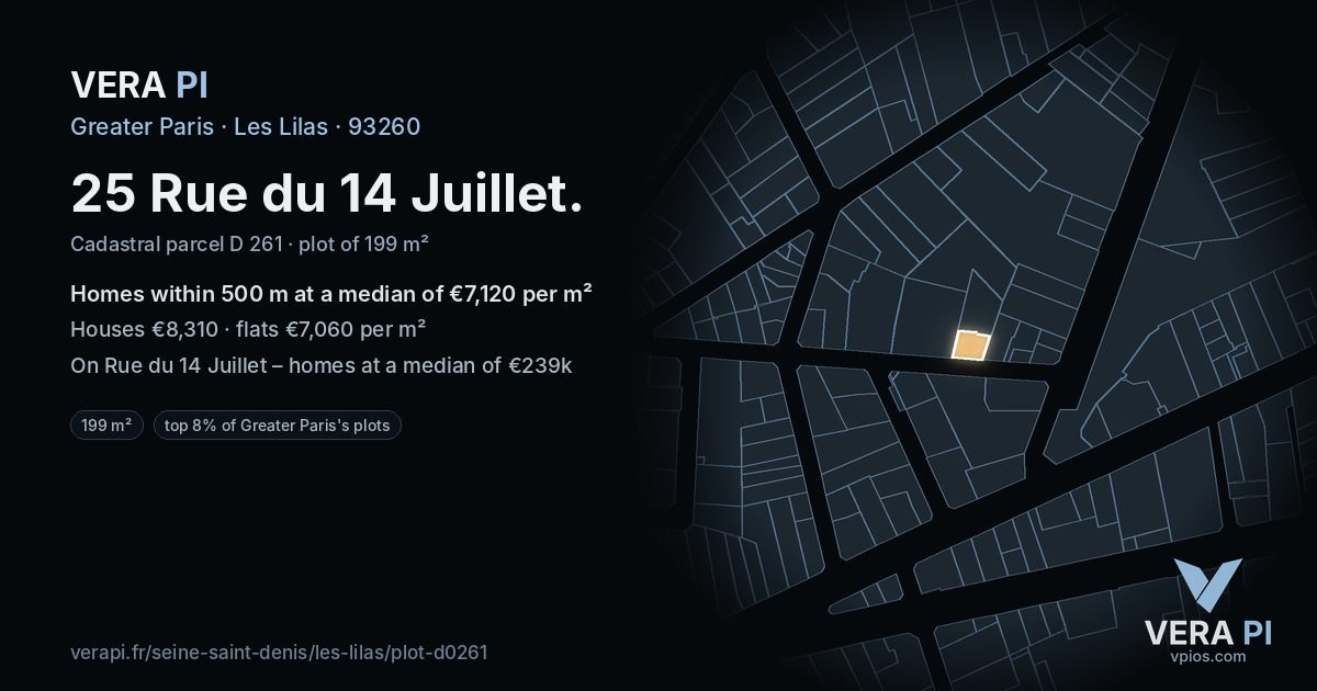 25 Rue du 14 Juillet, Les Lilas at night – the plot lit, the parcels around coloured by the prices near them