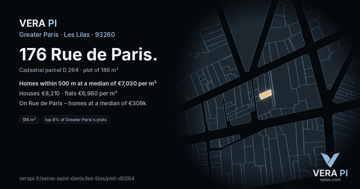 176 Rue de Paris, Les Lilas at night – the plot lit, the parcels around coloured by the prices near them