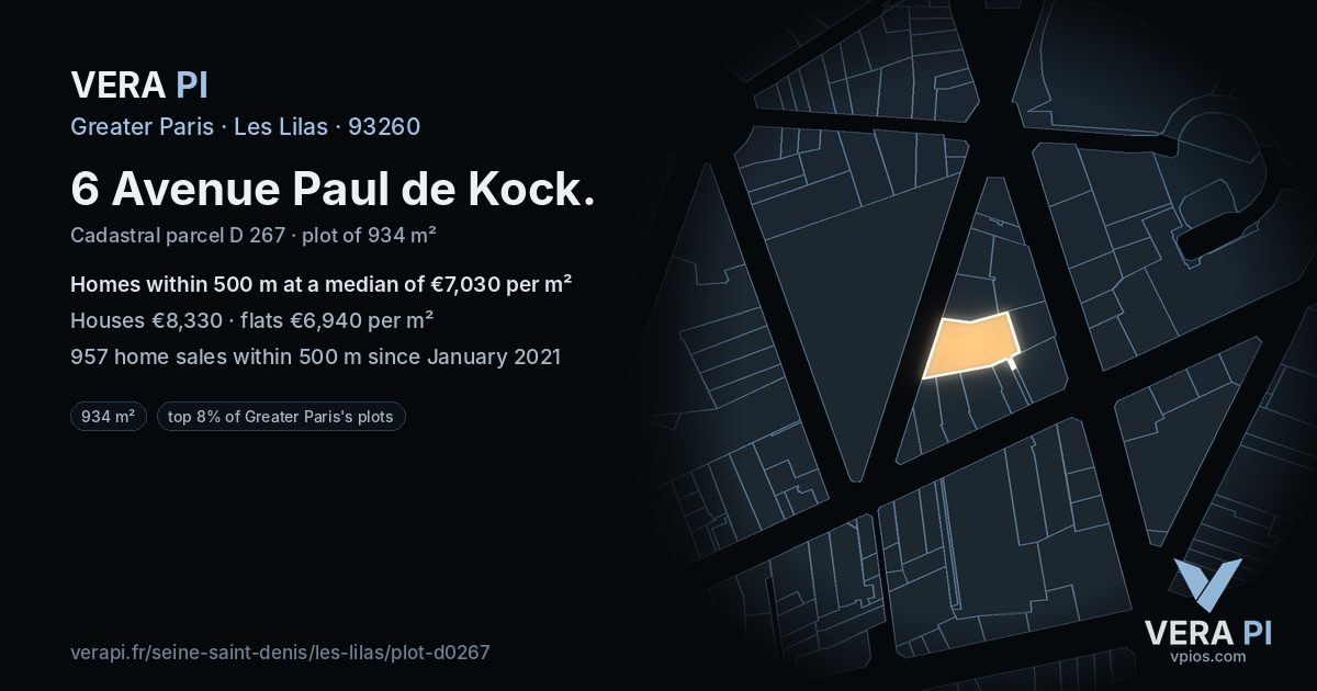 6 Avenue Paul de Kock, Les Lilas at night – the plot lit, the parcels around coloured by the prices near them
