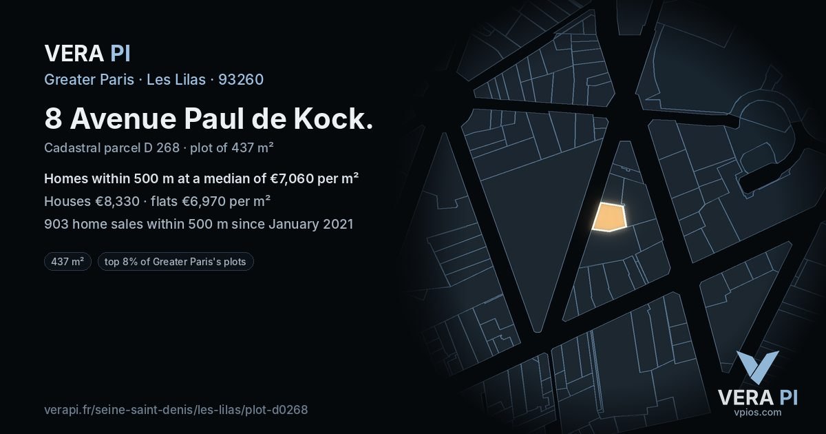 8 Avenue Paul de Kock, Les Lilas at night – the plot lit, the parcels around coloured by the prices near them