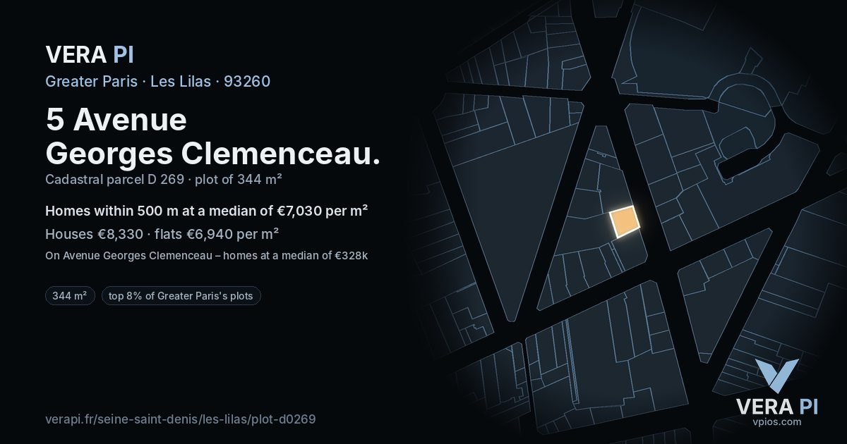 5 Avenue Georges Clemenceau, Les Lilas at night – the plot lit, the parcels around coloured by the prices near them