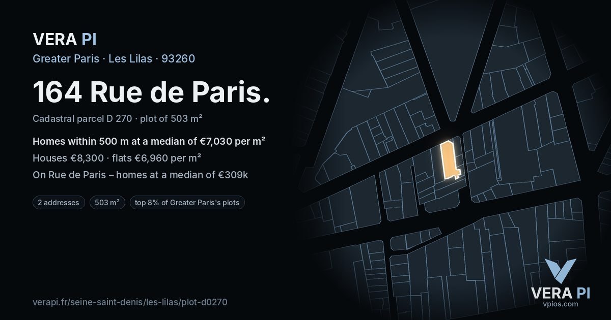 164 Rue de Paris, Les Lilas at night – the plot lit, the parcels around coloured by the prices near them