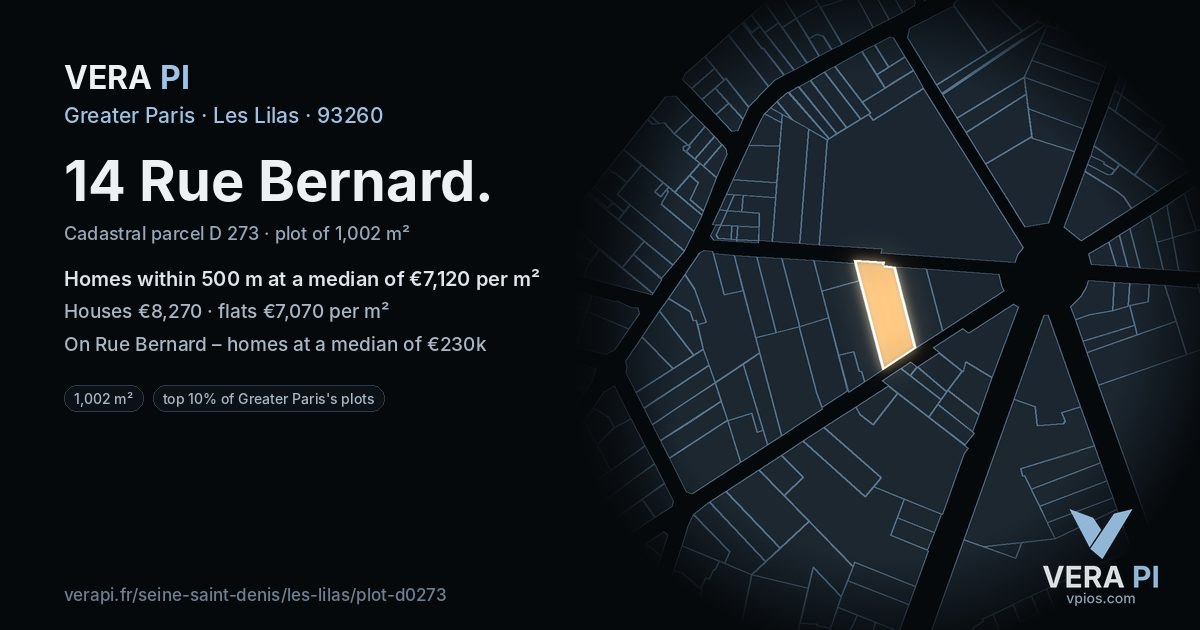 14 Rue Bernard, Les Lilas at night – the plot lit, the parcels around coloured by the prices near them