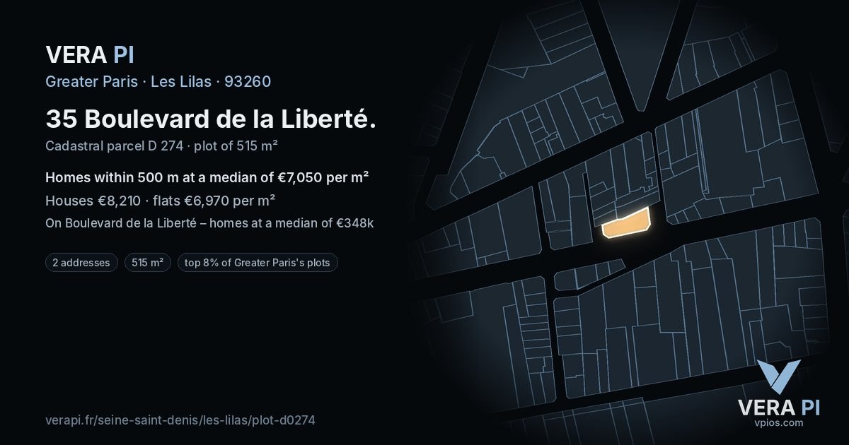 35 Boulevard de la Liberté, Les Lilas at night – the plot lit, the parcels around coloured by the prices near them