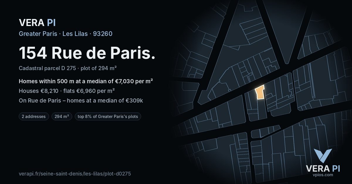 154 Rue de Paris, Les Lilas at night – the plot lit, the parcels around coloured by the prices near them