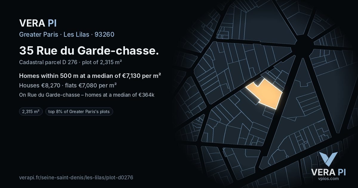 35 Rue du Garde-chasse, Les Lilas at night – the plot lit, the parcels around coloured by the prices near them