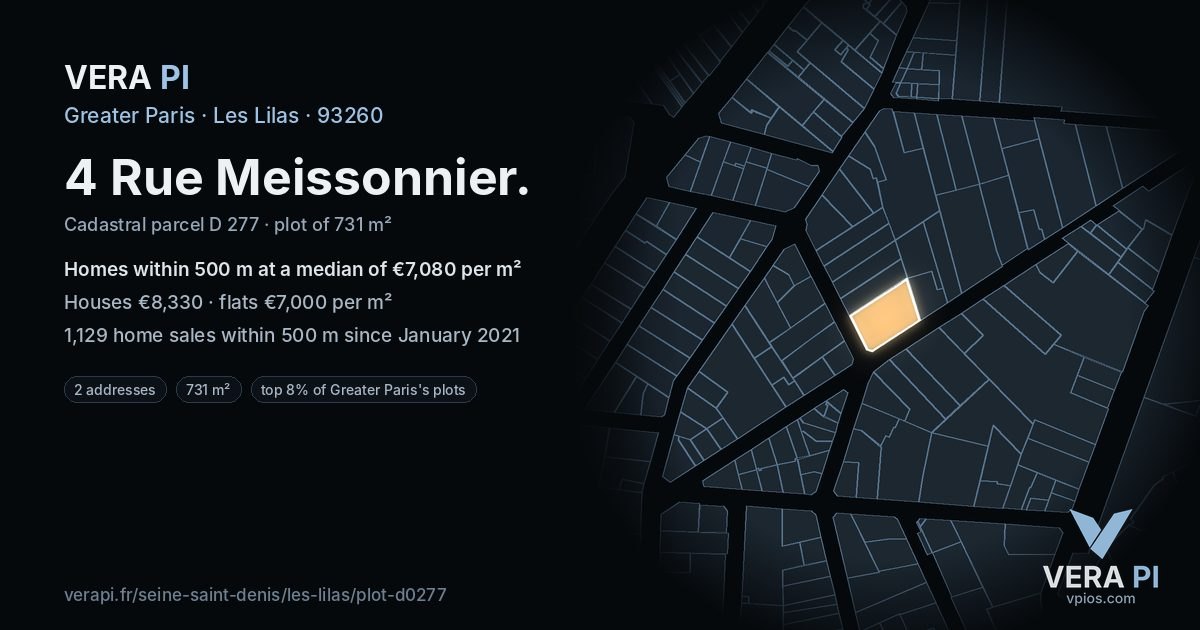 4 Rue Meissonnier, Les Lilas at night – the plot lit, the parcels around coloured by the prices near them
