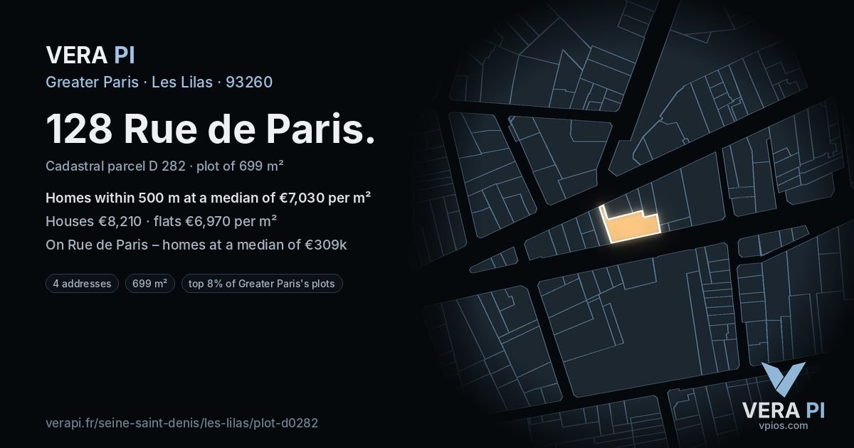 128 Rue de Paris, Les Lilas at night – the plot lit, the parcels around coloured by the prices near them