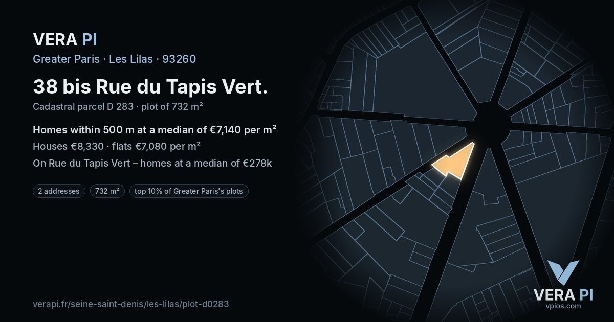 38 bis Rue du Tapis Vert, Les Lilas at night – the plot lit, the parcels around coloured by the prices near them