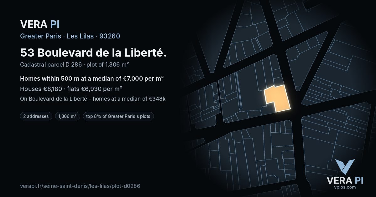 53 Boulevard de la Liberté, Les Lilas at night – the plot lit, the parcels around coloured by the prices near them