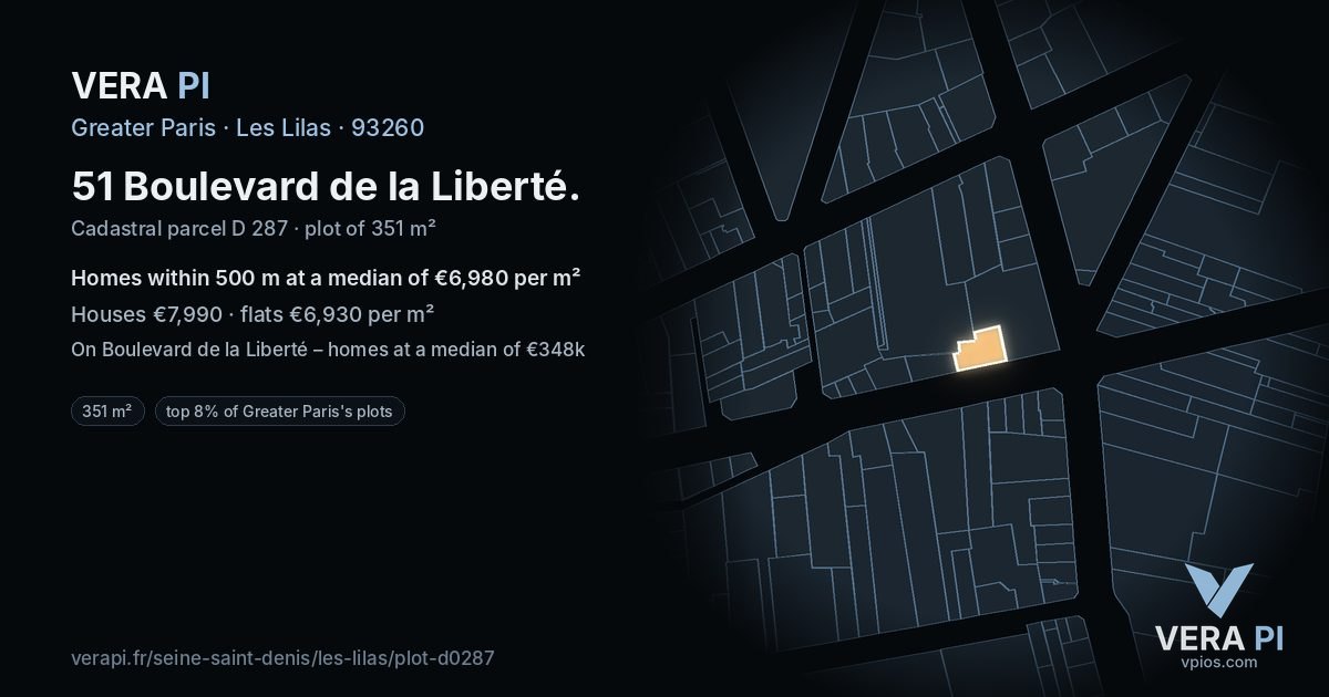 51 Boulevard de la Liberté, Les Lilas at night – the plot lit, the parcels around coloured by the prices near them