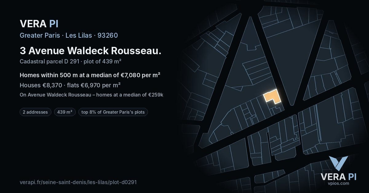 3 Avenue Waldeck Rousseau, Les Lilas at night – the plot lit, the parcels around coloured by the prices near them