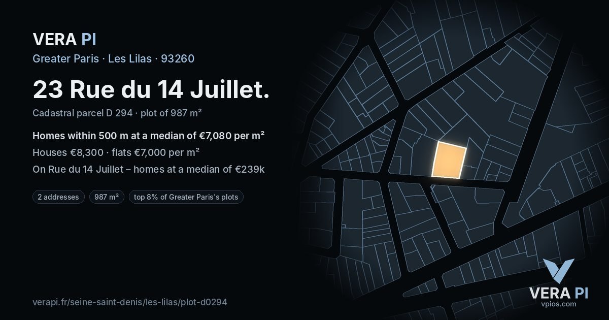 23 Rue du 14 Juillet, Les Lilas at night – the plot lit, the parcels around coloured by the prices near them
