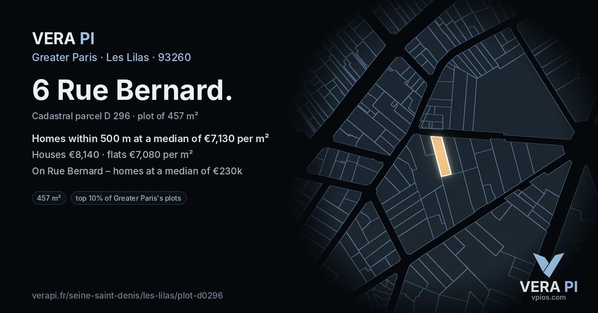 6 Rue Bernard, Les Lilas at night – the plot lit, the parcels around coloured by the prices near them