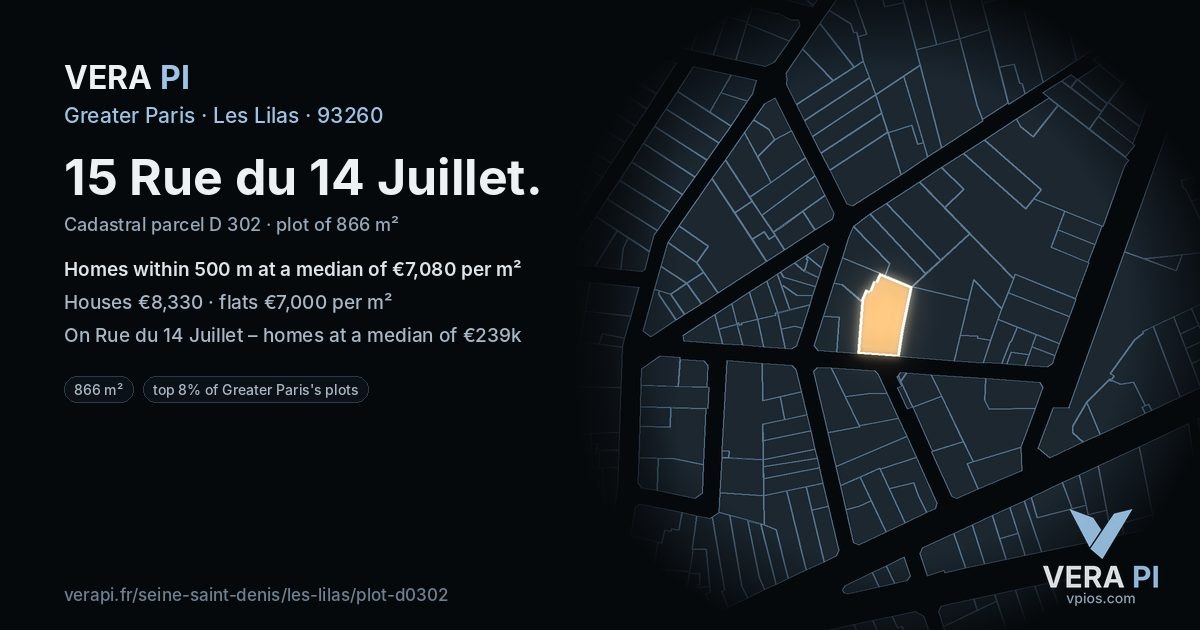 15 Rue du 14 Juillet, Les Lilas at night – the plot lit, the parcels around coloured by the prices near them