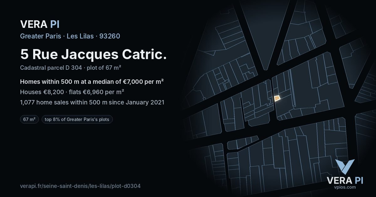 5 Rue Jacques Catric, Les Lilas at night – the plot lit, the parcels around coloured by the prices near them