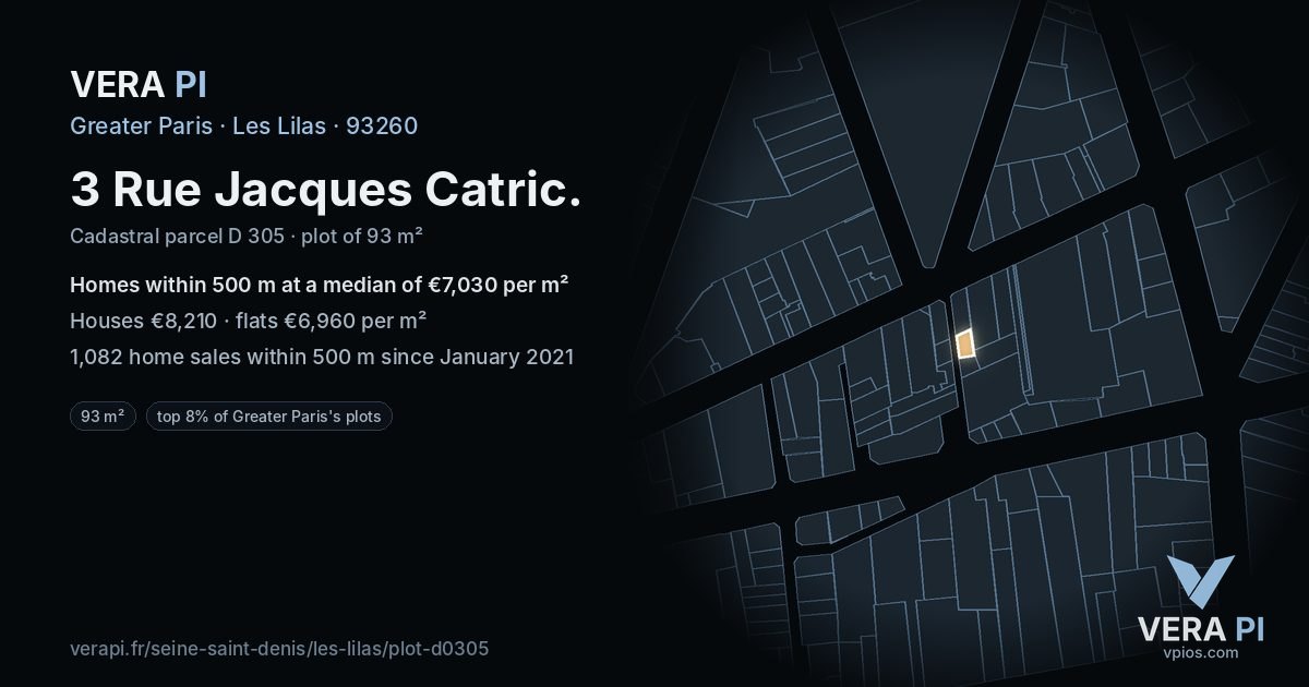 3 Rue Jacques Catric, Les Lilas at night – the plot lit, the parcels around coloured by the prices near them