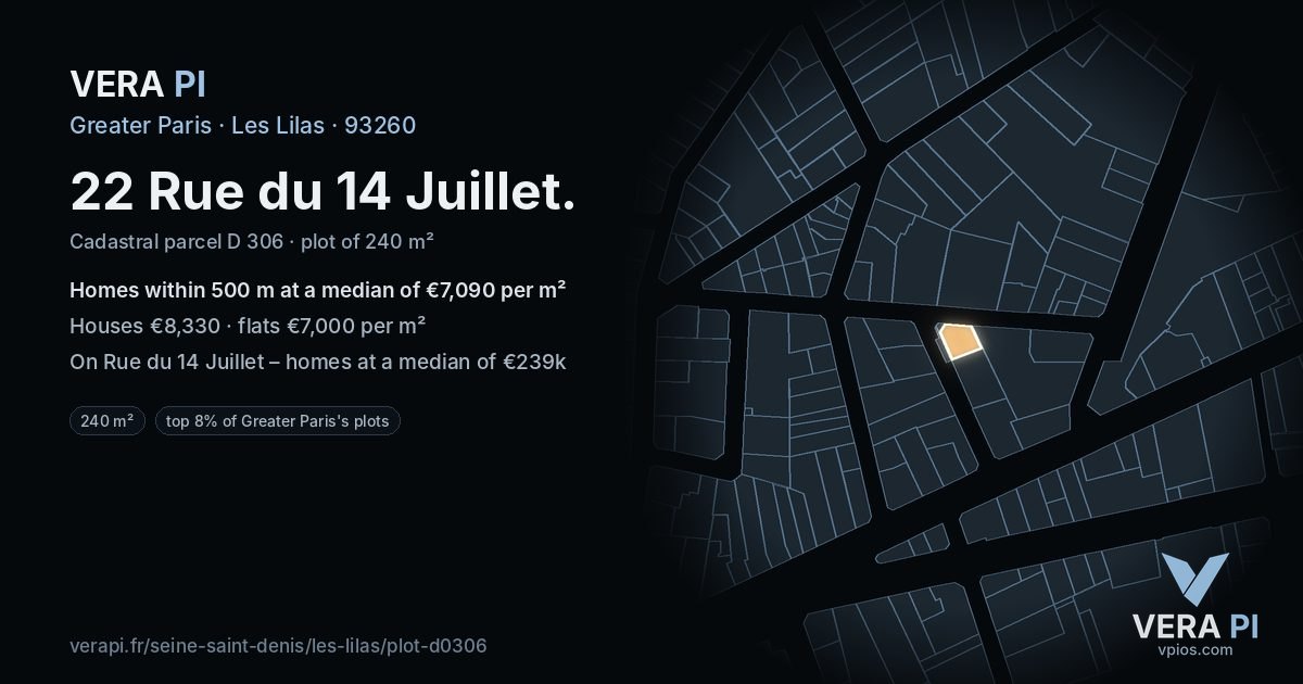 22 Rue du 14 Juillet, Les Lilas at night – the plot lit, the parcels around coloured by the prices near them