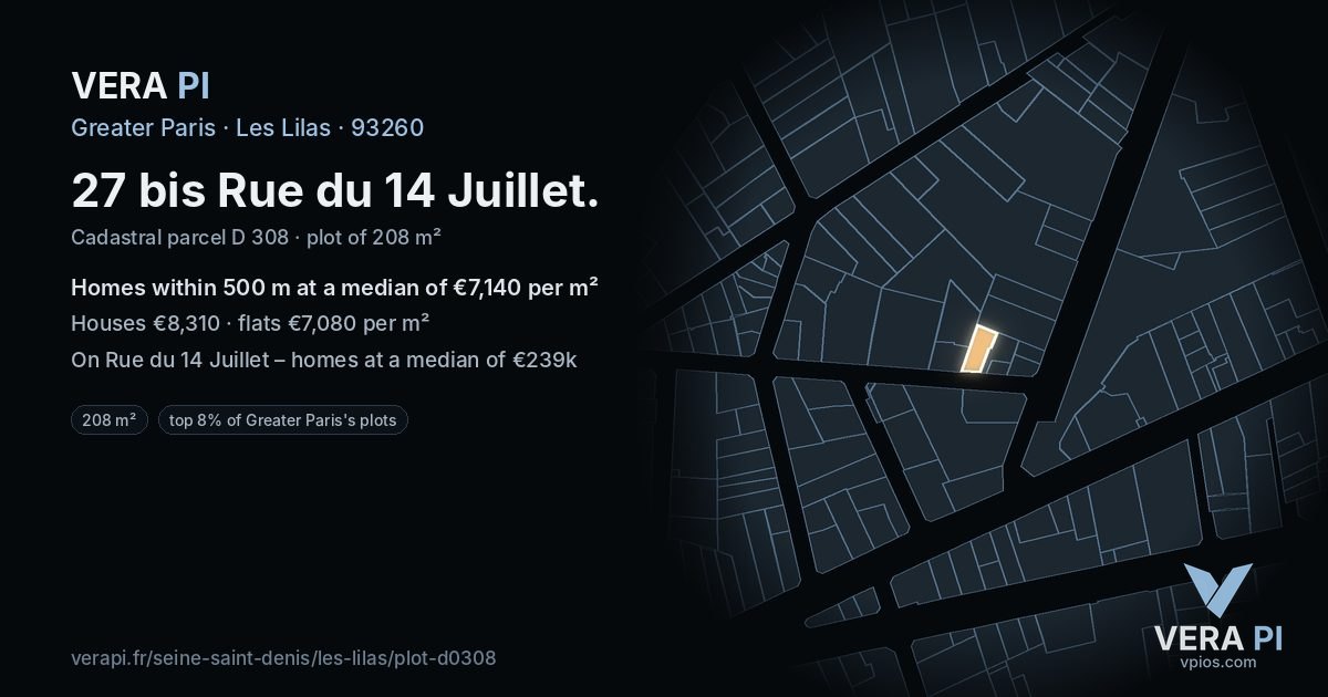 27 bis Rue du 14 Juillet, Les Lilas at night – the plot lit, the parcels around coloured by the prices near them
