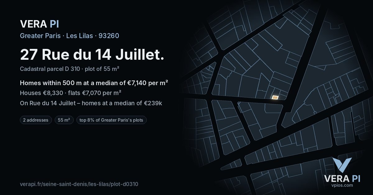 27 Rue du 14 Juillet, Les Lilas at night – the plot lit, the parcels around coloured by the prices near them