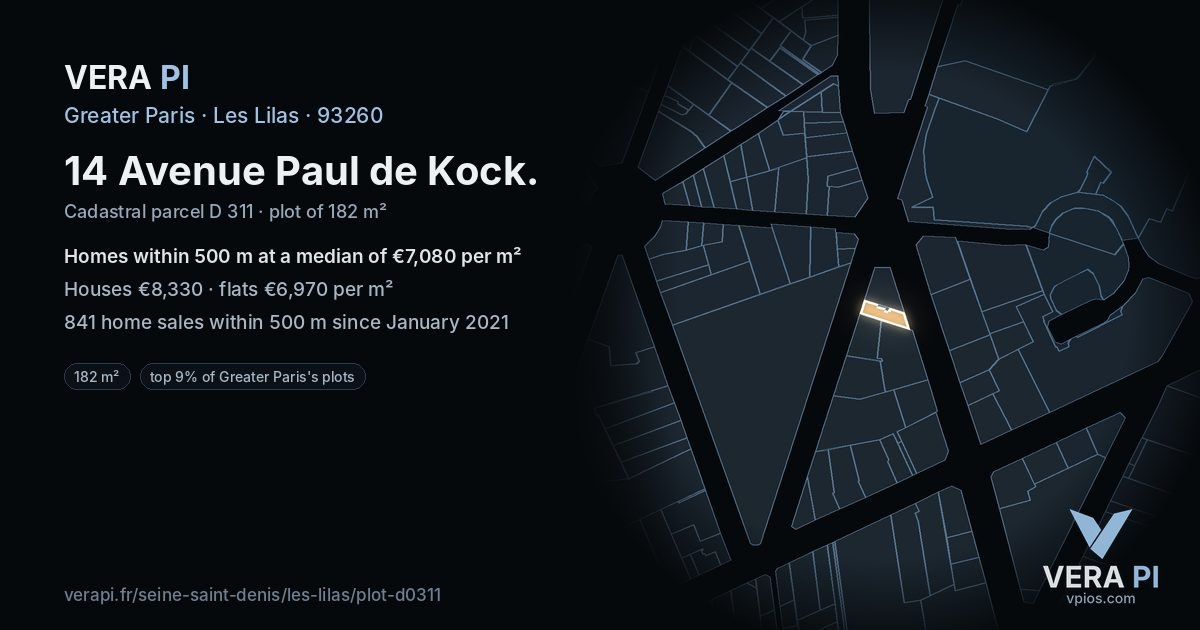 14 Avenue Paul de Kock, Les Lilas at night – the plot lit, the parcels around coloured by the prices near them