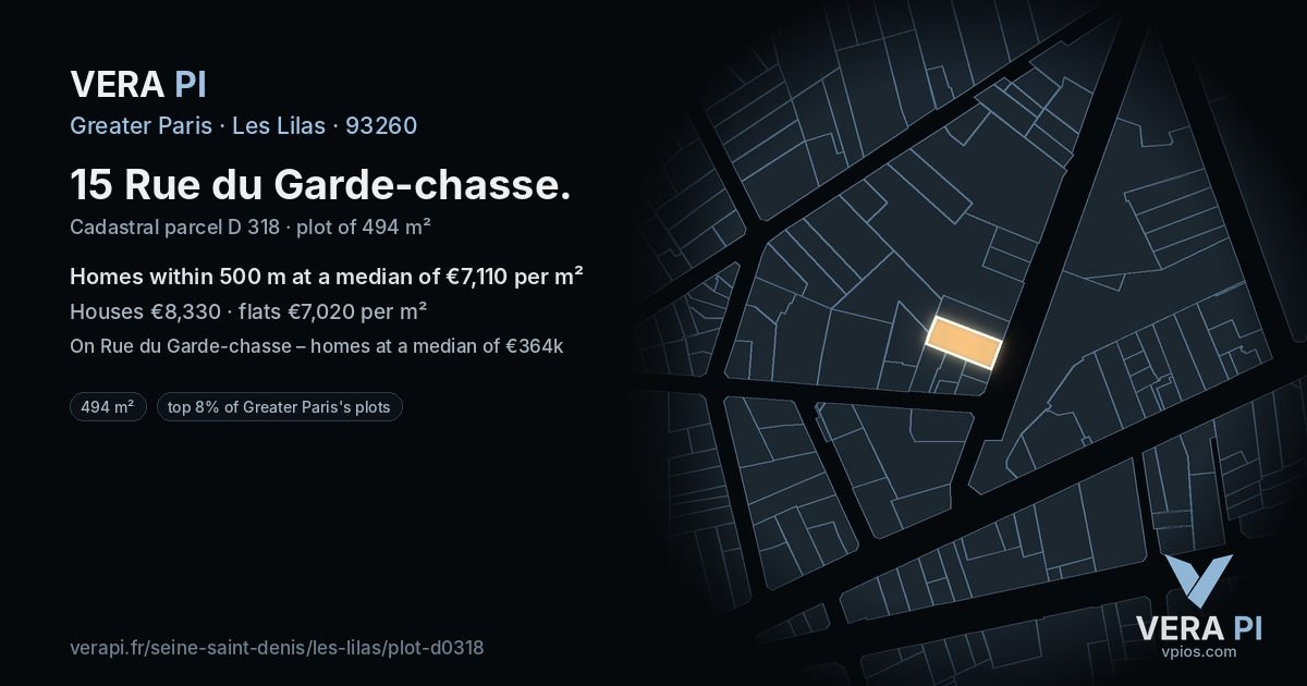 15 Rue du Garde-chasse, Les Lilas at night – the plot lit, the parcels around coloured by the prices near them