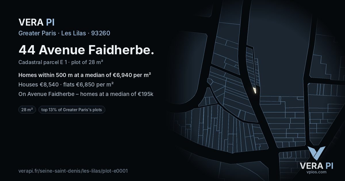 44 Avenue Faidherbe, Les Lilas at night – the plot lit, the parcels around coloured by the prices near them