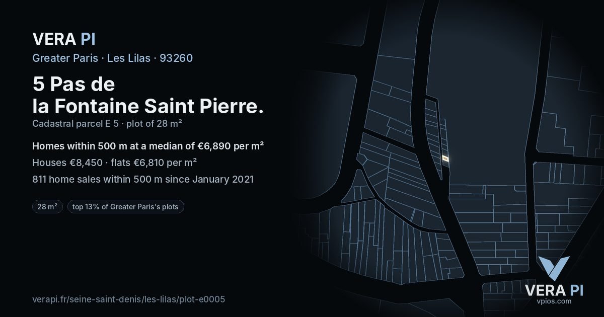 5 Pas de la Fontaine Saint Pierre, Les Lilas at night – the plot lit, the parcels around coloured by the prices near them