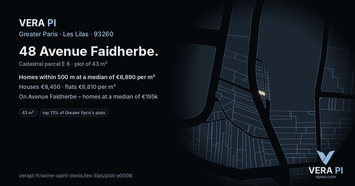 48 Avenue Faidherbe, Les Lilas at night – the plot lit, the parcels around coloured by the prices near them