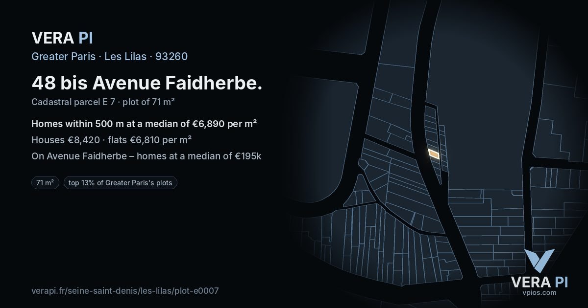48 bis Avenue Faidherbe, Les Lilas at night – the plot lit, the parcels around coloured by the prices near them