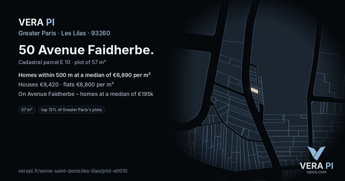 50 Avenue Faidherbe, Les Lilas at night – the plot lit, the parcels around coloured by the prices near them