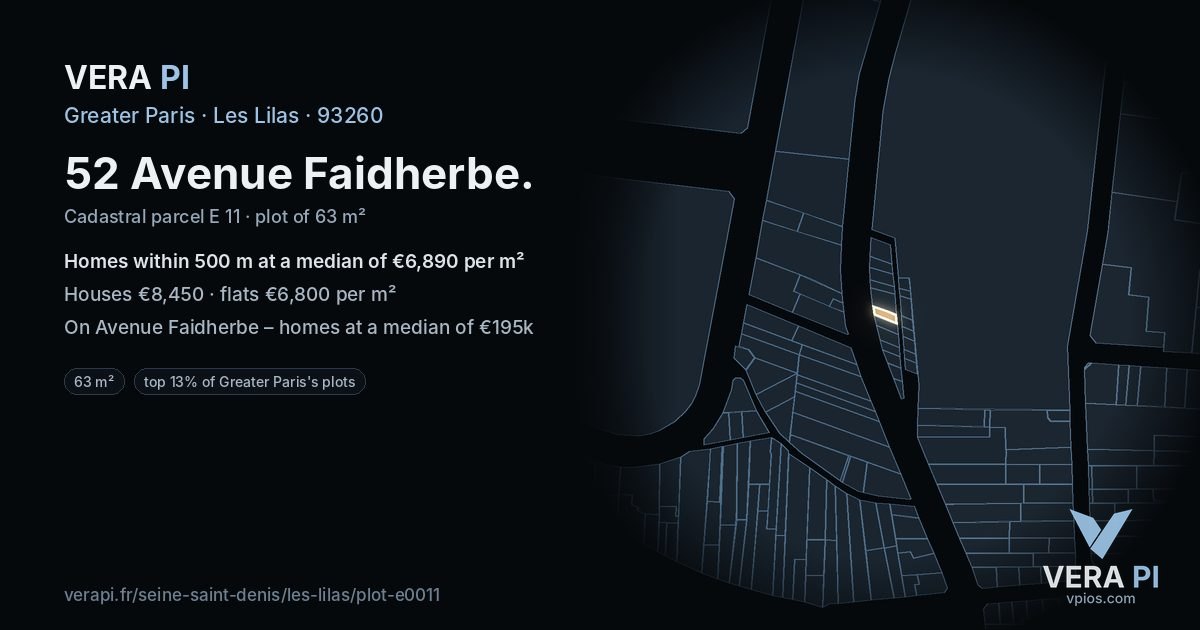 52 Avenue Faidherbe, Les Lilas at night – the plot lit, the parcels around coloured by the prices near them